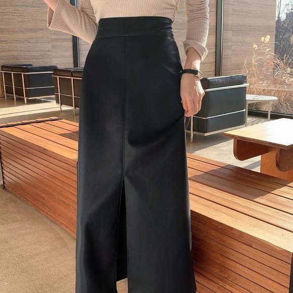 Black Casual Womens High Waist Split Hem PU Leather Skirt - Picture 2 of 5